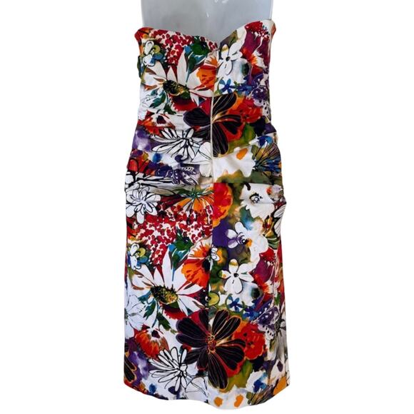 Suzi Chin Orange Green White Floral Ruched Strapless Bodycon Mini Dress Size 8 - Picture 5 of 10